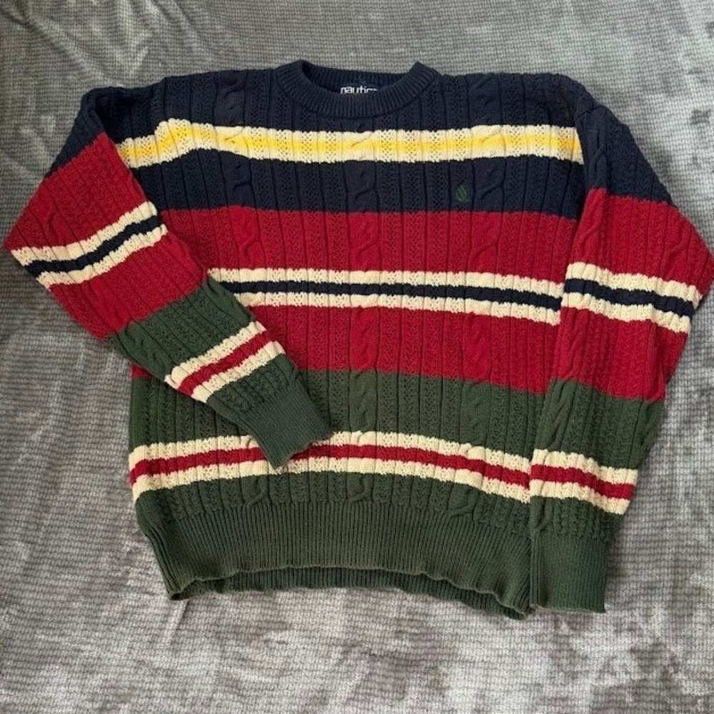 Vintage Nautica Cable Knit Sweater Mens Large Striped Cotton Crewneck Navy Red